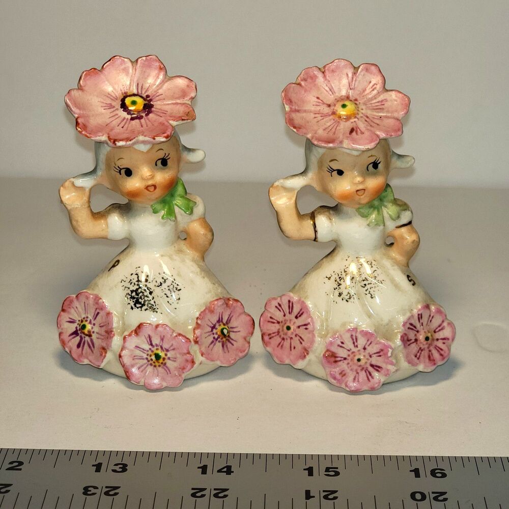 Vintage Napco October Flower Girl Salt Pepper Shakers 1C3025 Cosmos Japan Foil